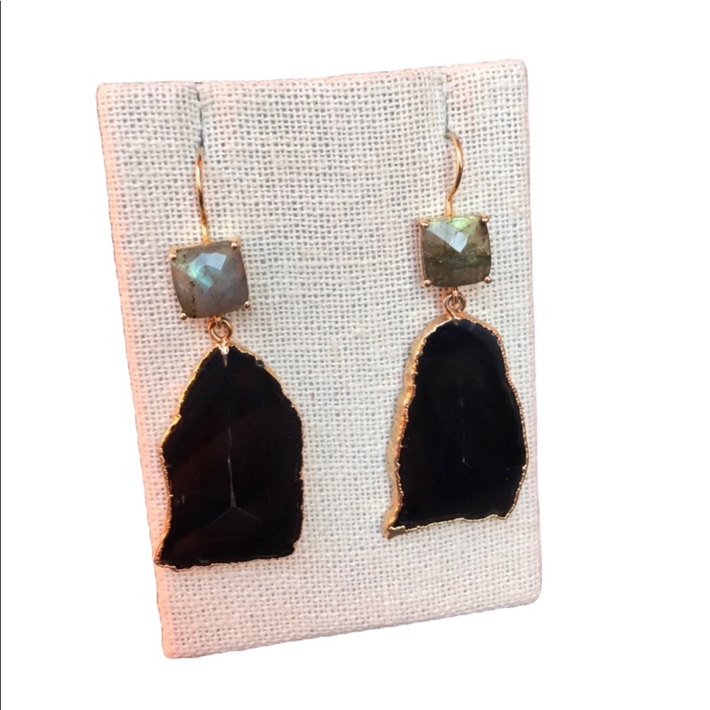 Labradorite and black Agate Slice gold plated Earrings